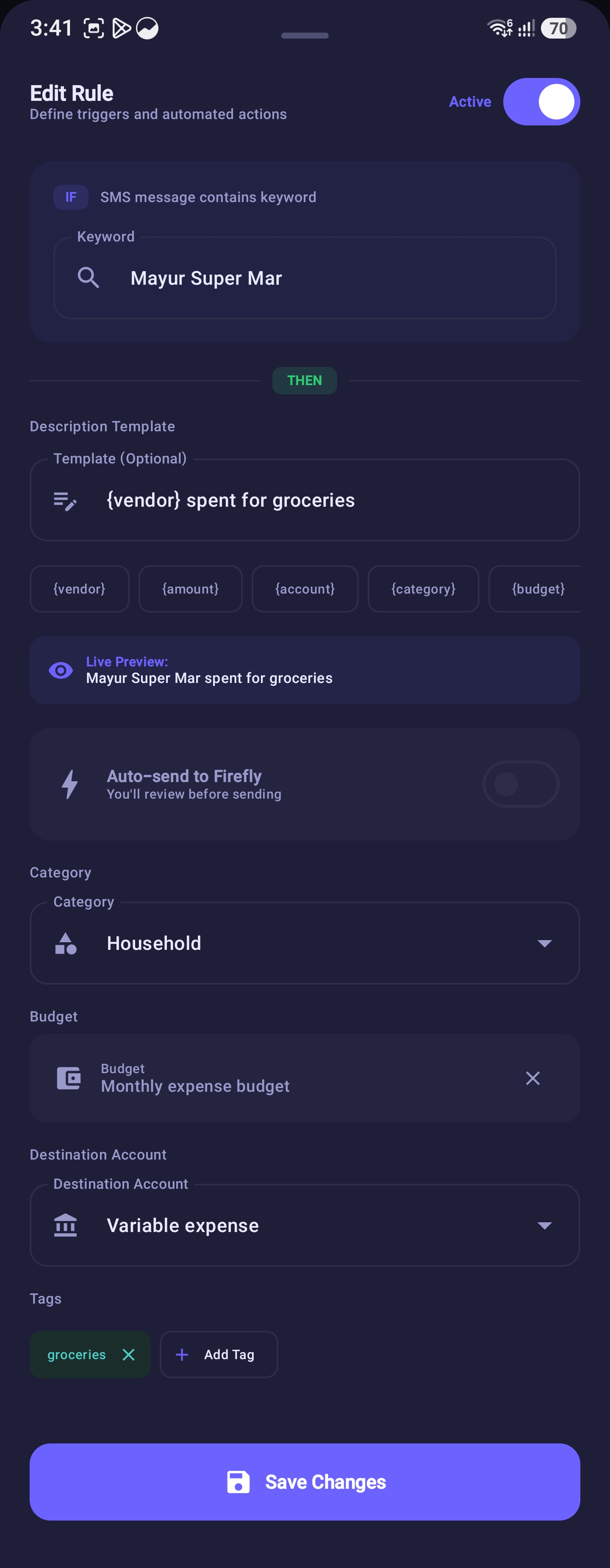 Modal Rule Editor sheet with dynamic templates, live preview, and variable chips