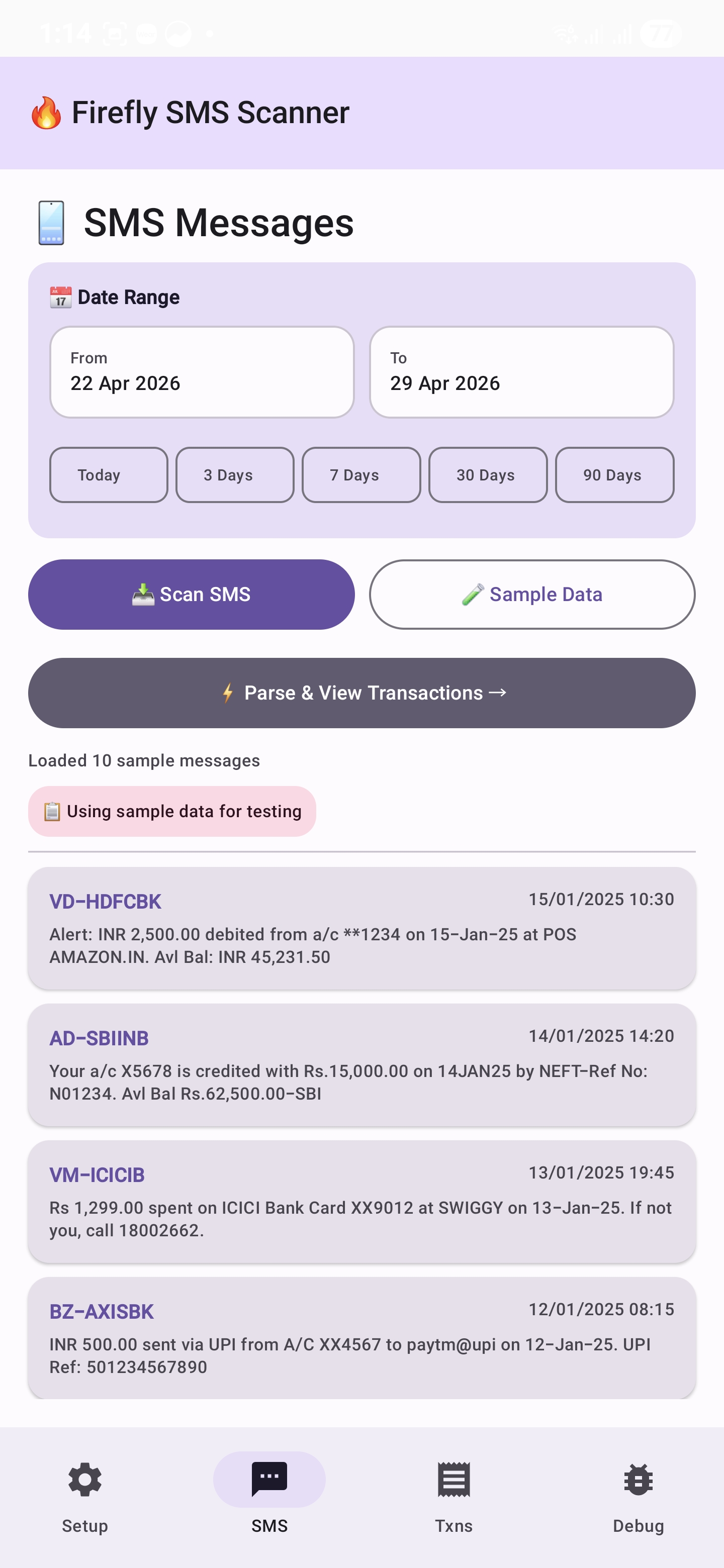 SMS scanner with date range picker