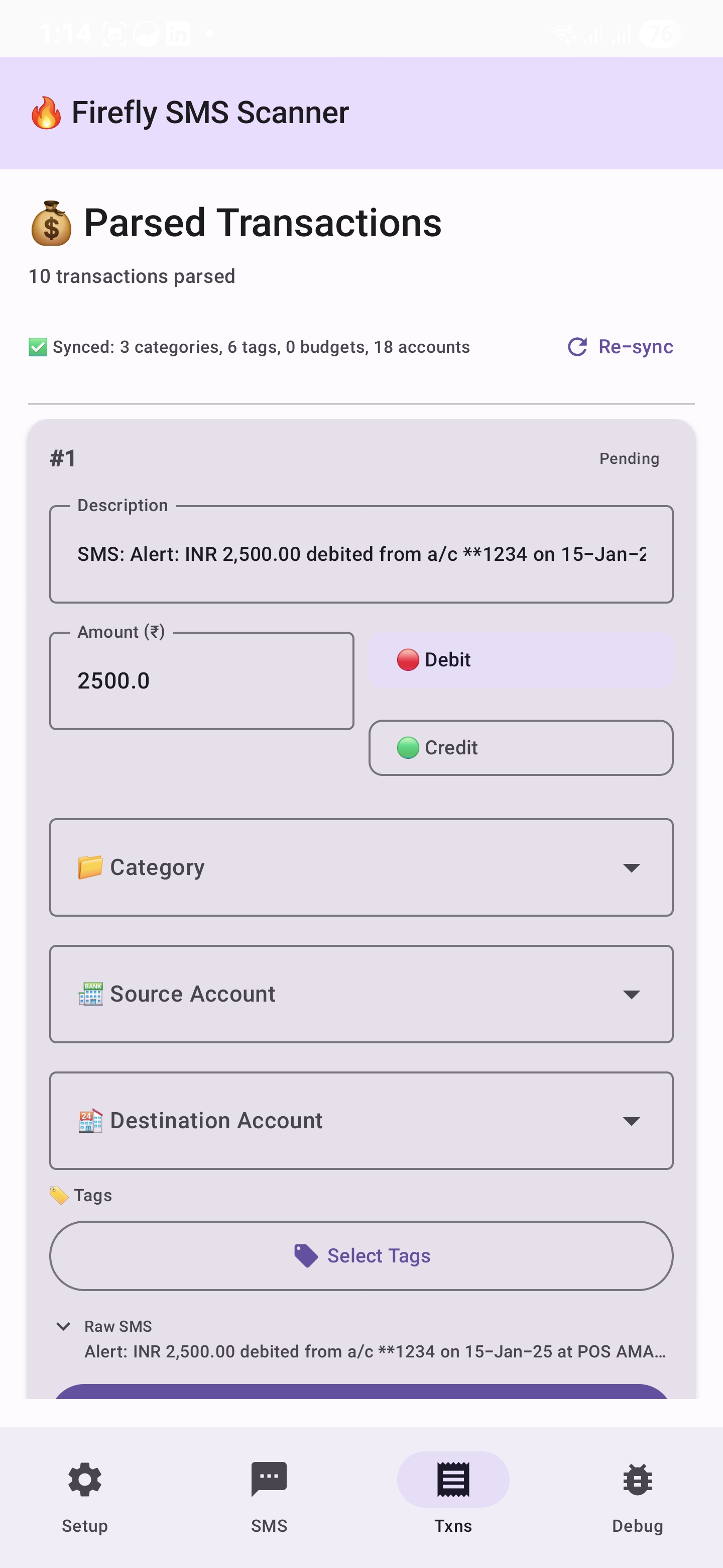 Transaction editor with categories and tags